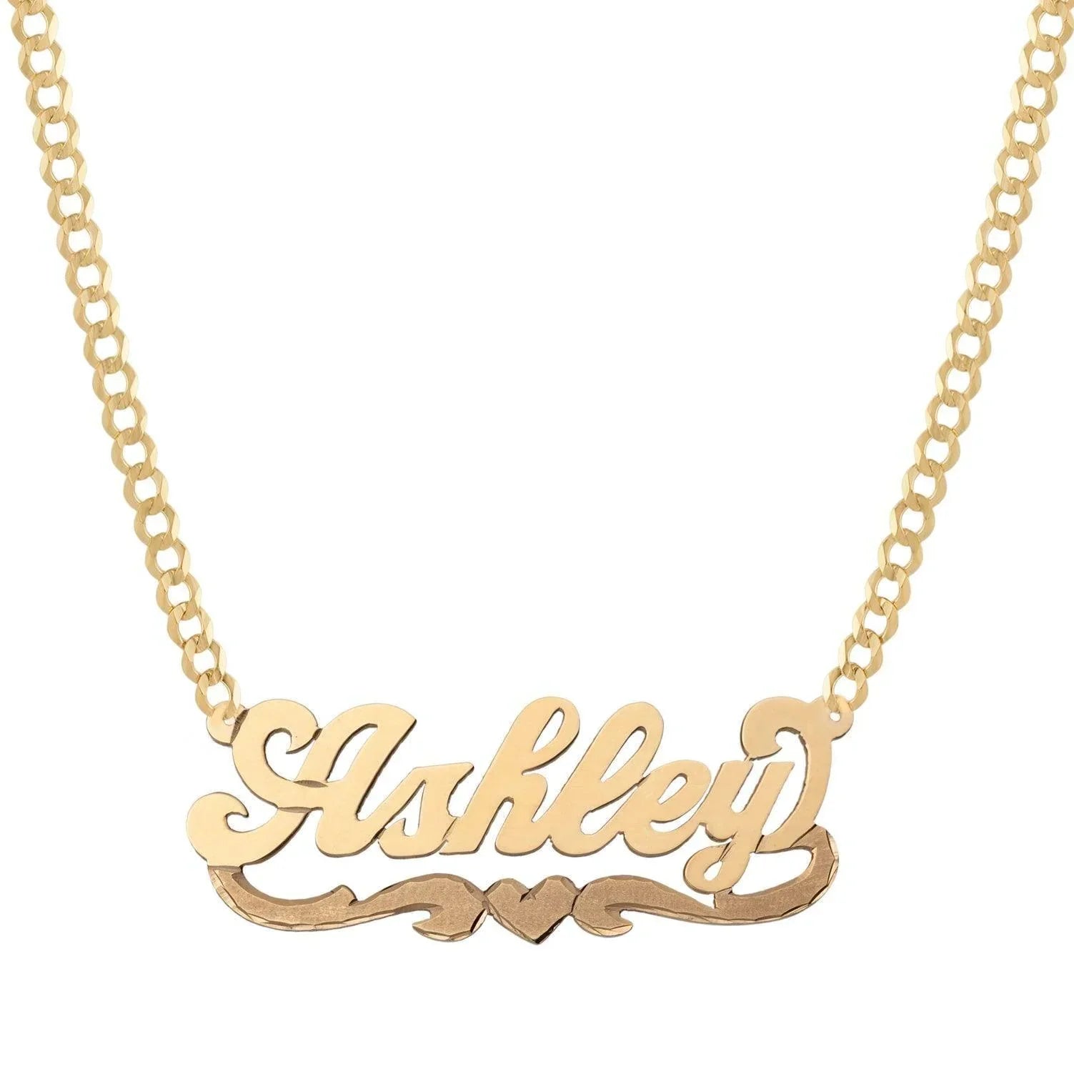 Ladies Script Name Plate Heart Ribbon Necklace 14K Gold