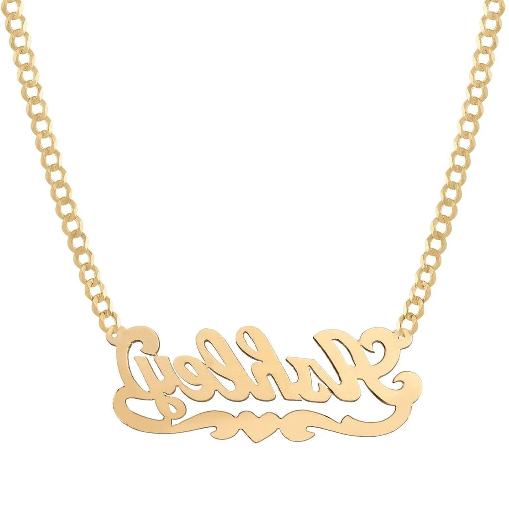 Ladies Script Name Plate Heart Ribbon Necklace 14K Gold