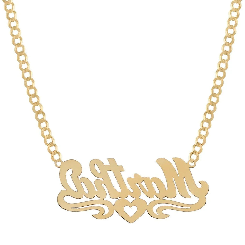 Ladies Script Name Plate Heart Ribbon Necklace 14K Gold